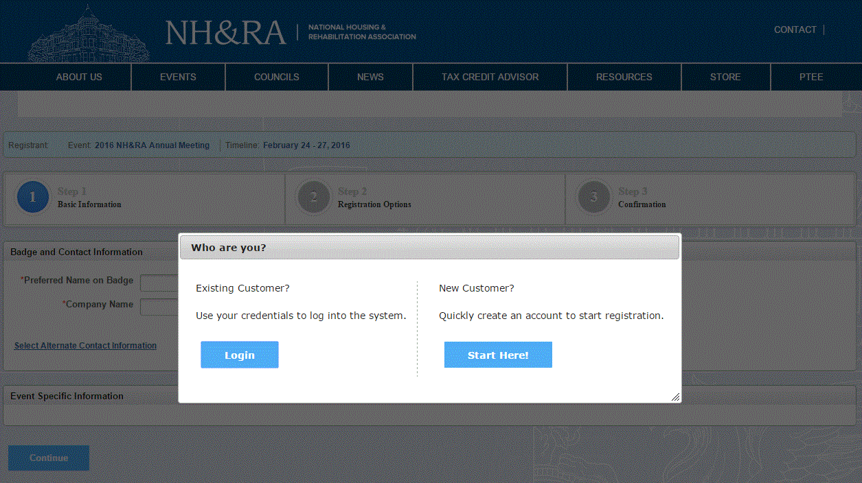 2 Registration log-in screen